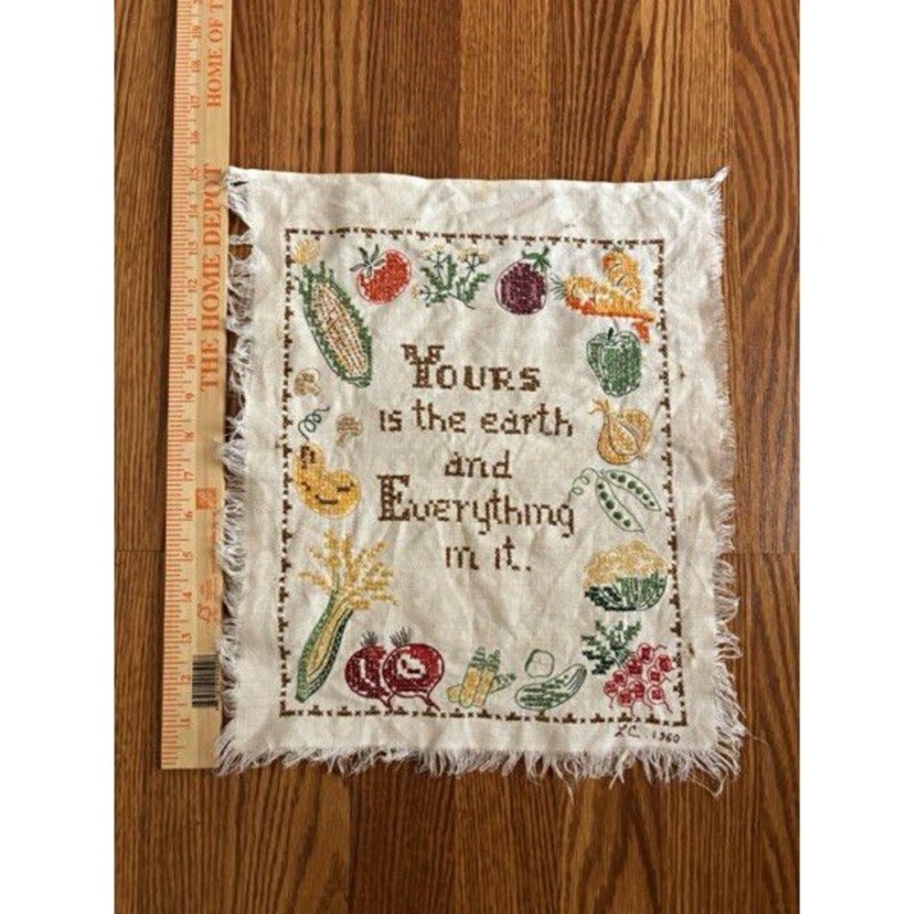 Handmade Cross Stitch Sampler "Yours is the earth and Everything in it" 1960